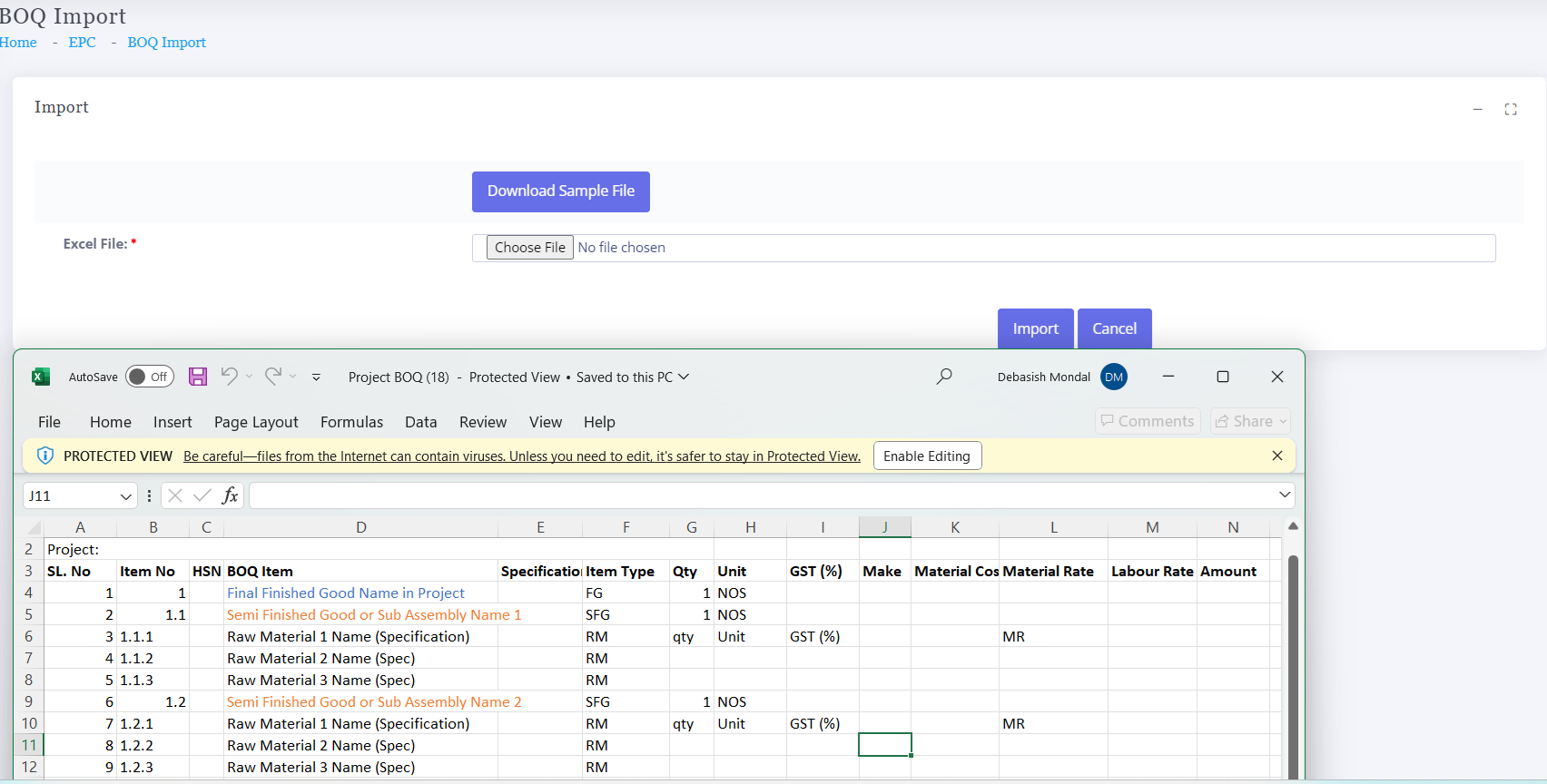 BOQ Estimation Import