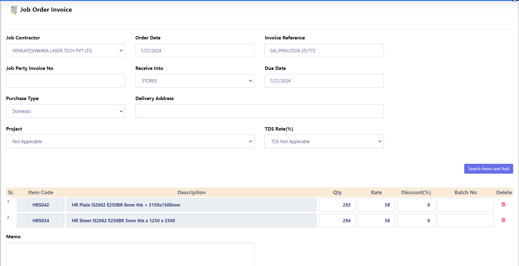 Job Order Invoice