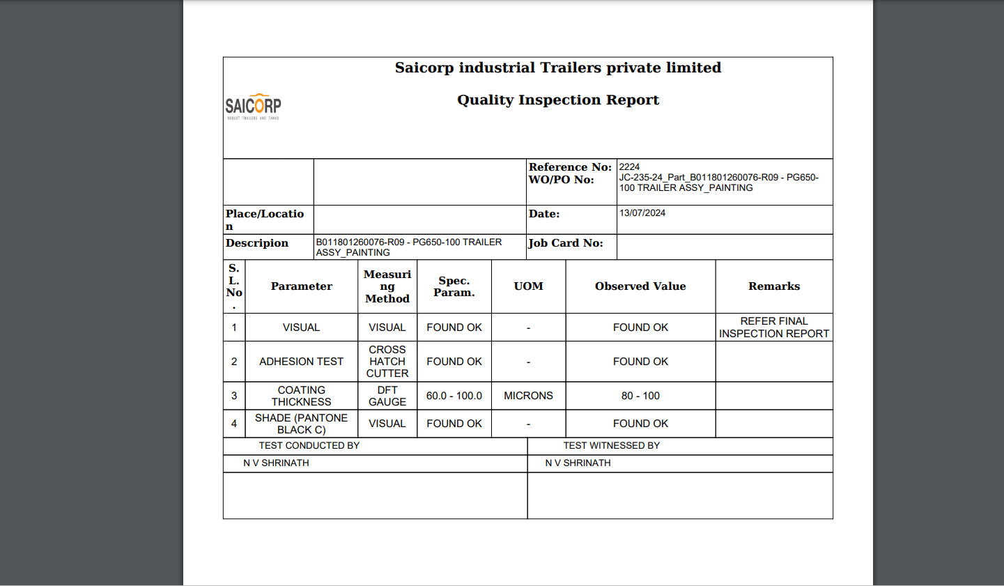 Quality Inspection Report format