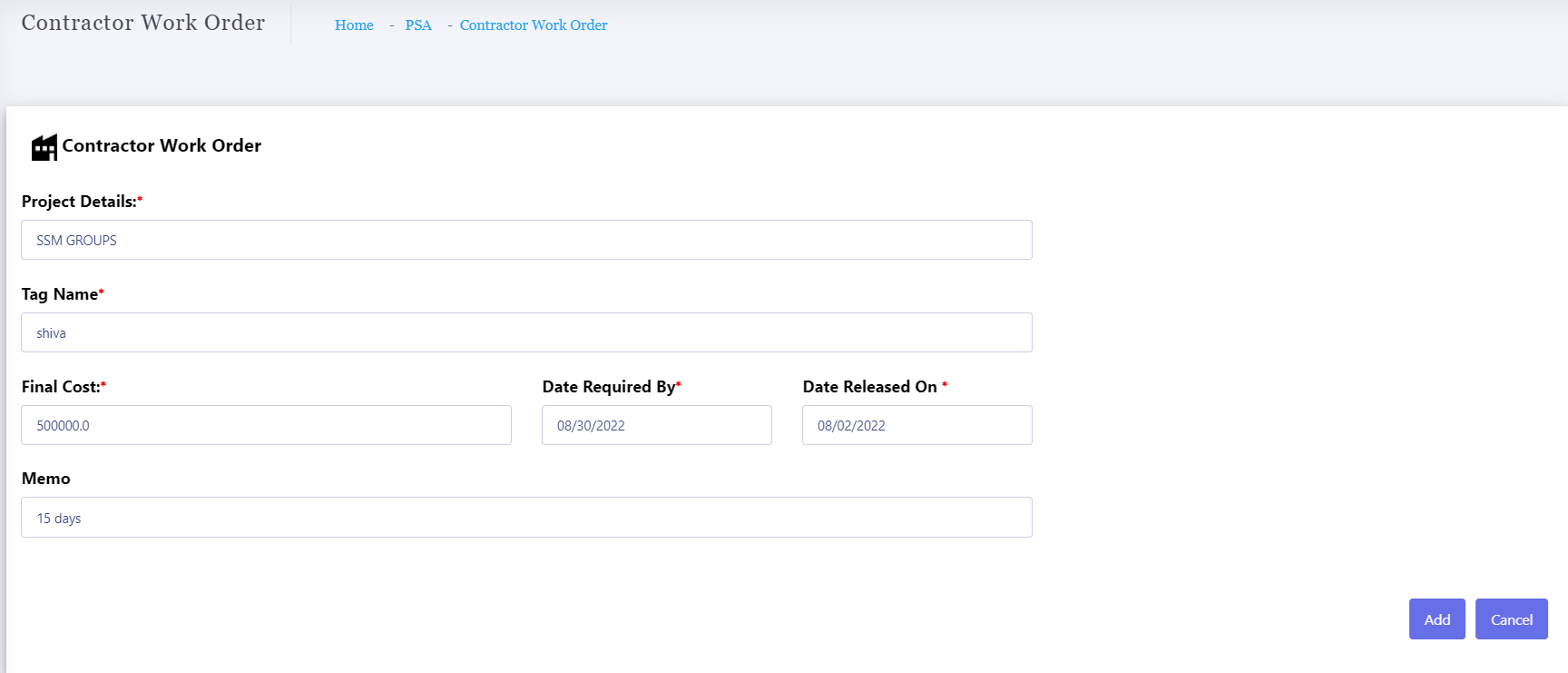 Subcontractor Work Order